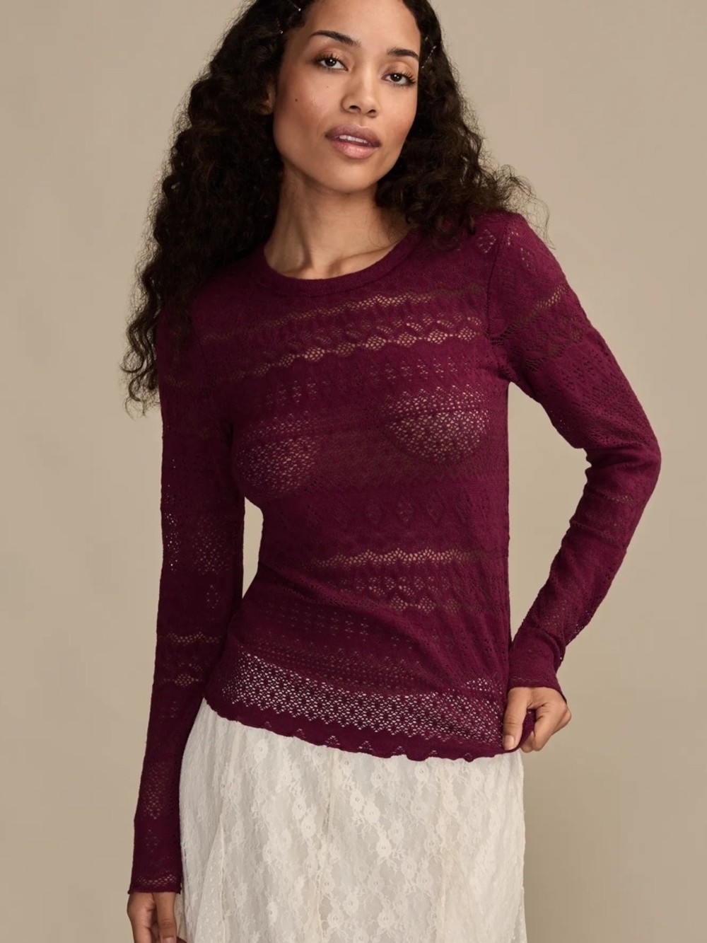 Lucky Brand Long Sleeve Lace Knit Top - Plum